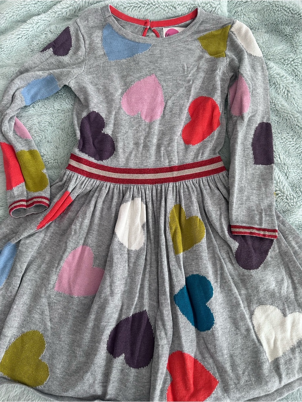 Mini Boden Gray Knit Dress with Multicolor Hearts and sparkle